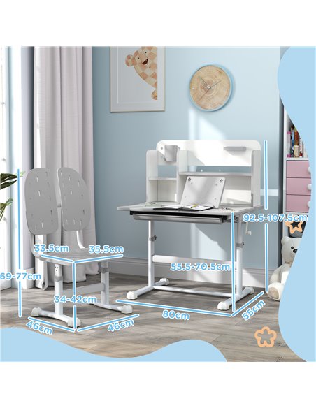 AIYAPLAY Height Adjustable Kids Desk and Chair Set, Children School Study Desk with Tiltable Desktop, Reading Rack, Grey 312-123 - pic 99589 | FastDaddyshop