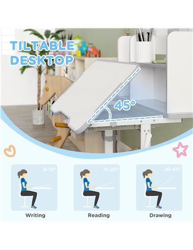 AIYAPLAY Height Adjustable Kids Desk and Chair Set, Children School Study Desk with Tiltable Desktop, Reading Rack, Grey 312-123