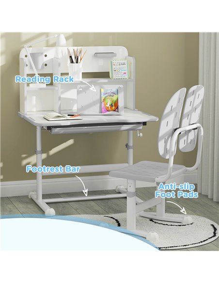 AIYAPLAY Height Adjustable Kids Desk and Chair Set, Children School Study Desk with Tiltable Desktop, Reading Rack, Grey 312-123 - pic 99593 | FastDaddyshop
