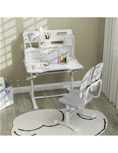 AIYAPLAY Height Adjustable Kids Desk and Chair Set, Children School Study Desk with Tiltable Desktop, Reading Rack, Grey 312-123