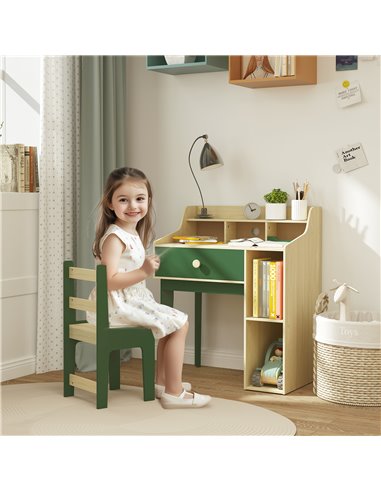 AIYAPLAY Kids Desk and Chair Set with Storage Shelves and Drawer, Green 312-126V80GN