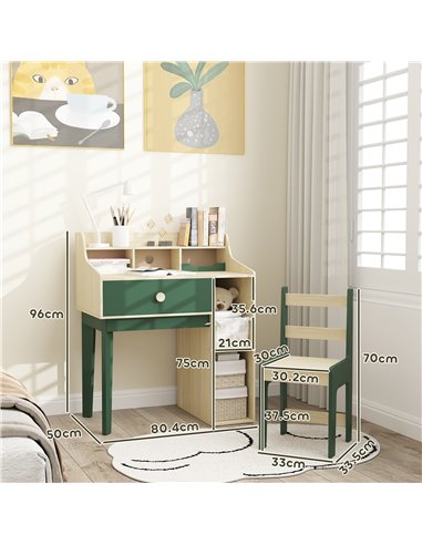 AIYAPLAY Kids Desk and Chair Set with Storage Shelves and Drawer, Green 312-126V80GN
