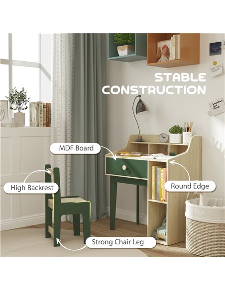 AIYAPLAY Kids Desk and Chair Set with Storage Shelves and Drawer, Green 312-126V80GN - pic 99600 | FastDaddyshop