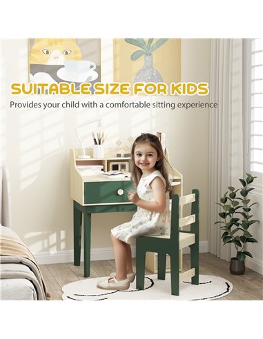 AIYAPLAY Kids Desk and Chair Set with Storage Shelves and Drawer, Green 312-126V80GN