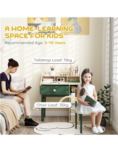 AIYAPLAY Kids Desk and Chair Set with Storage Shelves and Drawer, Green 312-126V80GN