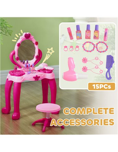 AIYAPLAY Kids Dressing Table with mirror, Stool, Light, Music, 15 Accessories, for Ages 3-6 Years, Pink 350-166V00PK