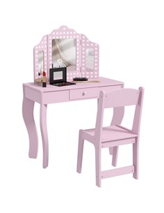 AIYAPLAY Kids Dressing Table Sets with Stool and Tri-Fold Mirror, Drawer for Playroom, Bedroom - Pink 316-017V81PK