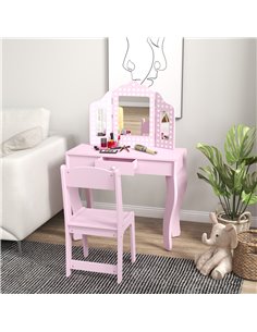 AIYAPLAY Kids Dressing Table Sets with Stool and Tri-Fold Mirror, Drawer for Playroom, Bedroom - Pink 316-017V81PK 2