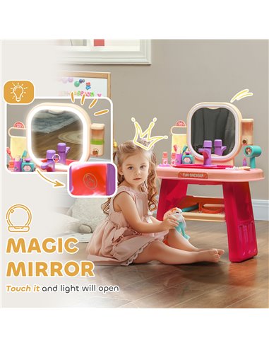 AIYAPLAY Kids Dressing Table with Mirror, LED Light, 23 Accessories, Pink 350-169V00PK