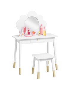 AIYAPLAY Kids Dressing Table with Mirror, Stool, Drawer, Cloud Design, White 316-014V80WT