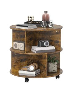 HOMCOM Round Coffee Table with Wheels, 3-Tier Rolling Side Table for Living Room with Divided Shelves, Rustic Brown 833-540V00RB