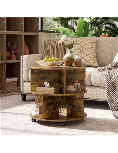 HOMCOM Round Coffee Table with Wheels, 3-Tier Rolling Side Table for Living Room with Divided Shelves, Rustic Brown 833-540V00RB