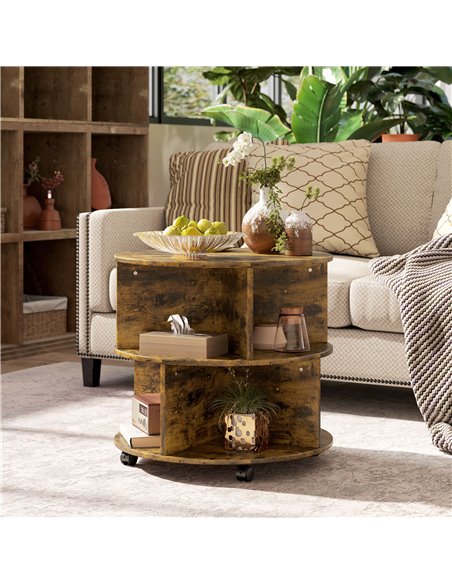 HOMCOM Round Coffee Table with Wheels, 3-Tier Rolling Side Table for Living Room with Divided Shelves, Rustic Brown 833-540V00RB - pic 99750 | FastDaddyshop