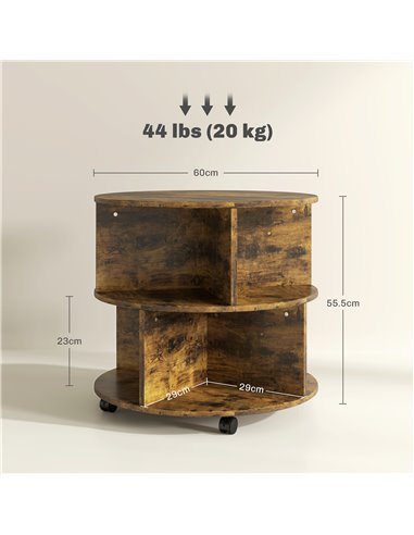 HOMCOM Round Coffee Table with Wheels, 3-Tier Rolling Side Table for Living Room with Divided Shelves, Rustic Brown 833-540V00RB