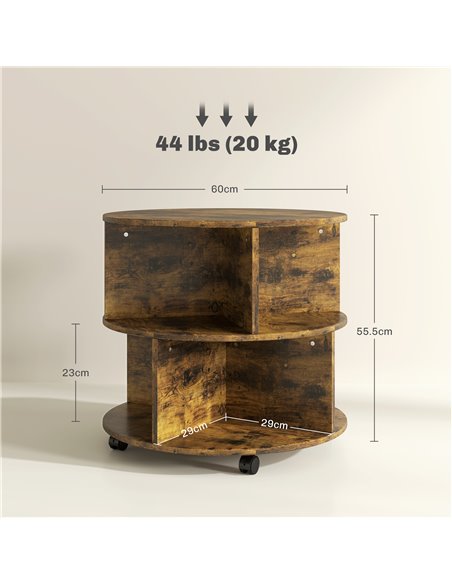 HOMCOM Round Coffee Table with Wheels, 3-Tier Rolling Side Table for Living Room with Divided Shelves, Rustic Brown 833-540V00RB - pic 99751 | FastDaddyshop