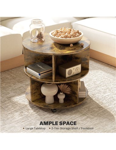 HOMCOM Round Coffee Table with Wheels, 3-Tier Rolling Side Table for Living Room with Divided Shelves, Rustic Brown 833-540V00RB