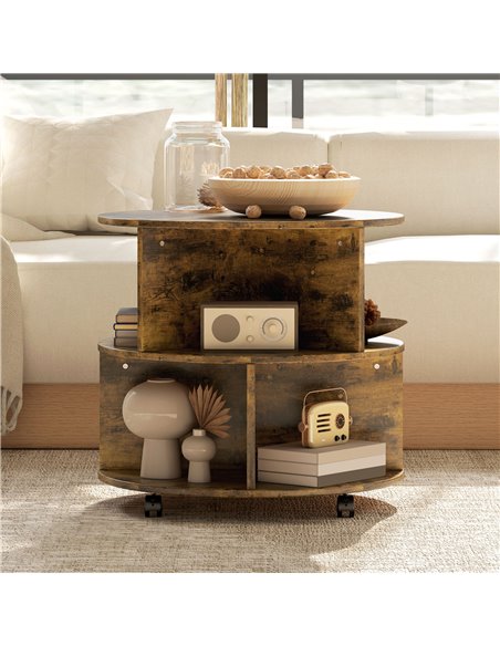 HOMCOM Round Coffee Table with Wheels, 3-Tier Rolling Side Table for Living Room with Divided Shelves, Rustic Brown 833-540V00RB - pic 99754 | FastDaddyshop