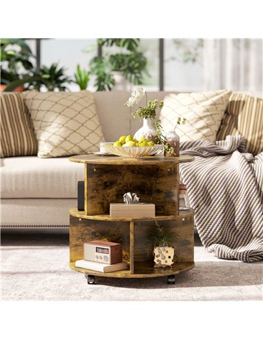 HOMCOM Round Coffee Table with Wheels, 3-Tier Rolling Side Table for Living Room with Divided Shelves, Rustic Brown 833-540V00RB