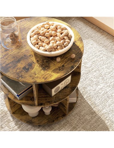 HOMCOM Round Coffee Table with Wheels, 3-Tier Rolling Side Table for Living Room with Divided Shelves, Rustic Brown 833-540V00RB
