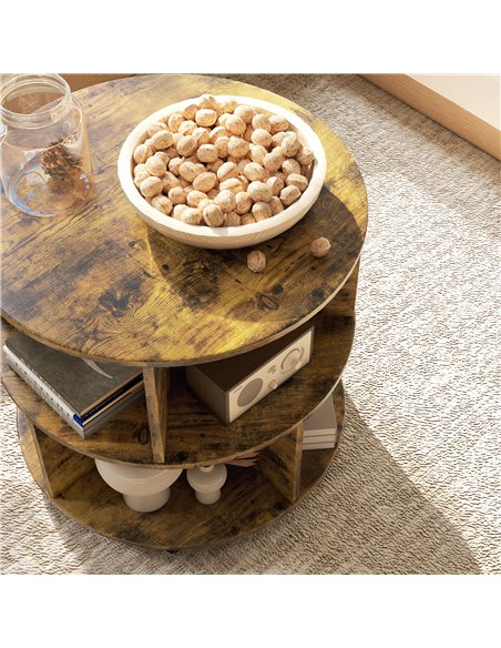 HOMCOM Round Coffee Table with Wheels, 3-Tier Rolling Side Table for Living Room with Divided Shelves, Rustic Brown 833-540V00RB - pic 99756 | FastDaddyshop