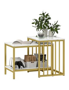 HOMCOM Modern Coffee Table Set of Two, Marble-Effect Nesting Side Tables with Steel Frame for Living Room, Gold Tone 839-375V80G