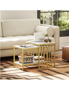 HOMCOM Modern Coffee Table Set of Two, Marble-Effect Nesting Side Tables with Steel Frame for Living Room, Gold Tone 839-375V80G 2