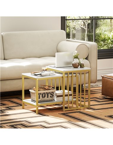 HOMCOM Modern Coffee Table Set of Two, Marble-Effect Nesting Side Tables with Steel Frame for Living Room, Gold Tone 839-375V80G