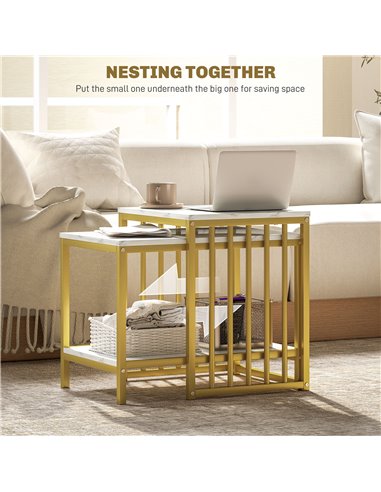 HOMCOM Modern Coffee Table Set of Two, Marble-Effect Nesting Side Tables with Steel Frame for Living Room, Gold Tone 839-375V80G