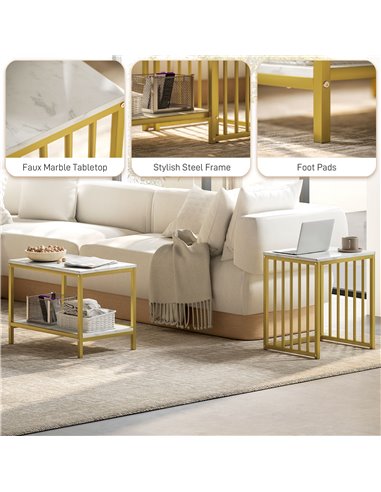 HOMCOM Modern Coffee Table Set of Two, Marble-Effect Nesting Side Tables with Steel Frame for Living Room, Gold Tone 839-375V80G