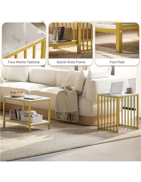 HOMCOM Modern Coffee Table Set of Two, Marble-Effect Nesting Side Tables with Steel Frame for Living Room, Gold Tone 839-375V80G - pic 99771 | FastDaddyshop