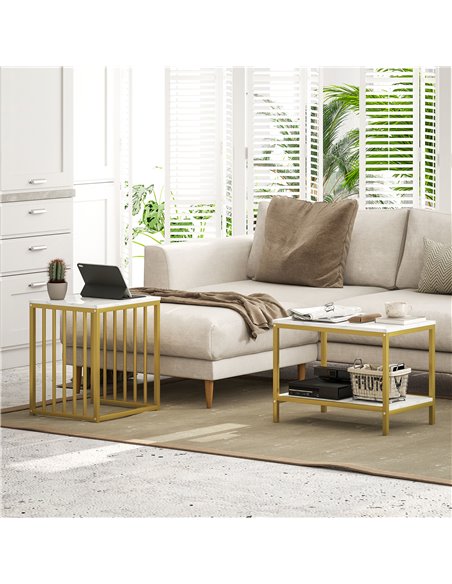 HOMCOM Modern Coffee Table Set of Two, Marble-Effect Nesting Side Tables with Steel Frame for Living Room, Gold Tone 839-375V80G - pic 99773 | FastDaddyshop