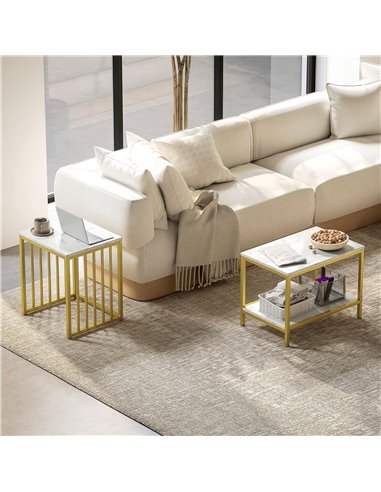 HOMCOM Modern Coffee Table Set of Two, Marble-Effect Nesting Side Tables with Steel Frame for Living Room, Gold Tone 839-375V80G
