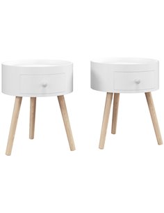 HOMCOM Modern Side Table, Small Coffee Table, Round Bedside Table with Drawer and Wood Legs for Living Room, Bedroom, Set of 2, 