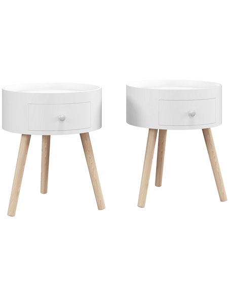 HOMCOM Modern Side Table, Small Coffee Table, Round Bedside Table with Drawer and Wood Legs for Living Room, Bedroom, Set of 2,  - pic 99785 | FastDaddyshop