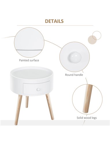 HOMCOM Modern Side Table, Small Coffee Table, Round Bedside Table with Drawer and Wood Legs for Living Room, Bedroom, Set of 2, 