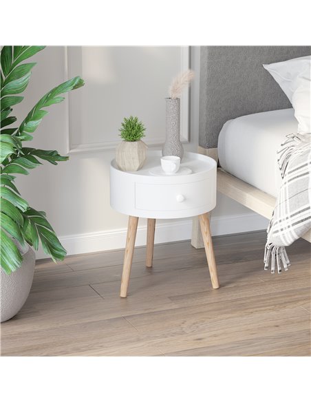 HOMCOM Modern Side Table, Small Coffee Table, Round Bedside Table with Drawer and Wood Legs for Living Room, Bedroom, Set of 2,  - pic 99790 | FastDaddyshop