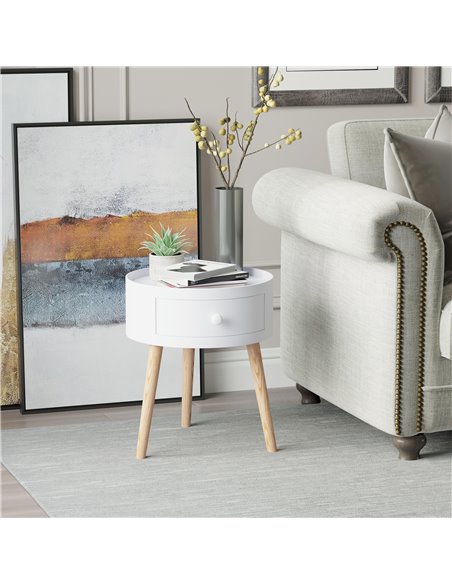 HOMCOM Modern Side Table, Small Coffee Table, Round Bedside Table with Drawer and Wood Legs for Living Room, Bedroom, Set of 2,  - pic 99791 | FastDaddyshop