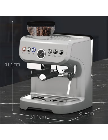 HOMCOM 15 Bar Coffee Machine, with Adjustable Grind, Steamer and Accessories - Silver Colour 800-197V70SR
