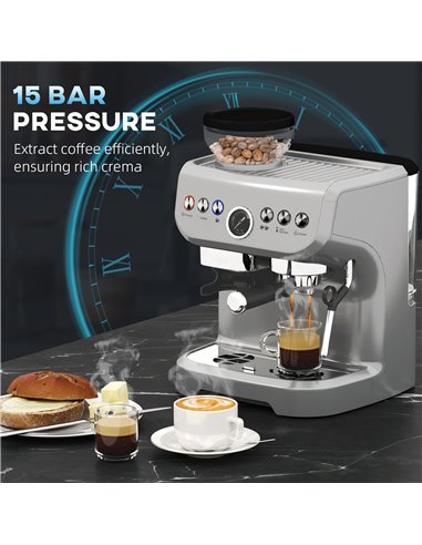 HOMCOM 15 Bar Coffee Machine, with Adjustable Grind, Steamer and Accessories - Silver Colour 800-197V70SR