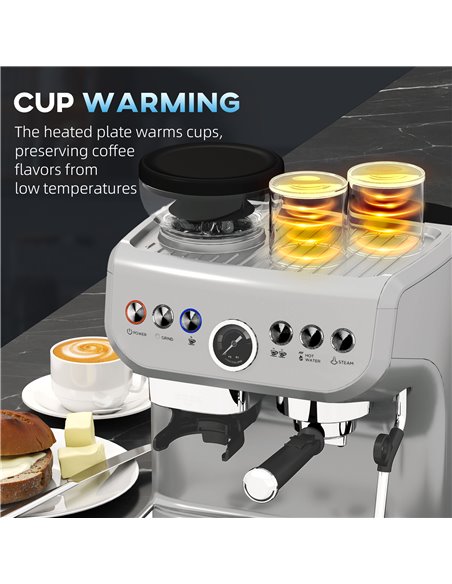 HOMCOM 15 Bar Coffee Machine, with Adjustable Grind, Steamer and Accessories - Silver Colour 800-197V70SR - pic 99801 | FastDaddyshop