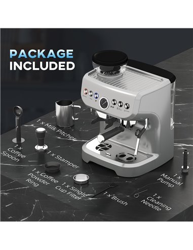 HOMCOM 15 Bar Coffee Machine, with Adjustable Grind, Steamer and Accessories - Silver Colour 800-197V70SR