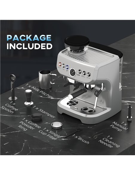 HOMCOM 15 Bar Coffee Machine, with Adjustable Grind, Steamer and Accessories - Silver Colour 800-197V70SR - pic 99802 | FastDaddyshop