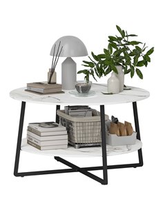 HOMCOM 2-Tier Round Coffee Table with Storage Shelf, Living Room Table with Marble Effect Top and Steel Frame, White 83B-122V00W