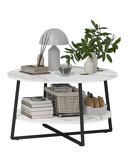 HOMCOM 2-Tier Round Coffee Table with Storage Shelf, Living Room Table with Marble Effect Top and Steel Frame, White 83B-122V00W - pic 99803 | FastDaddyshop