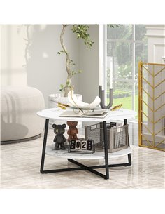HOMCOM 2-Tier Round Coffee Table with Storage Shelf, Living Room Table with Marble Effect Top and Steel Frame, White 83B-122V00W 2