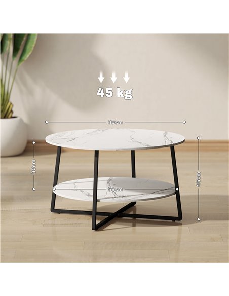 HOMCOM 2-Tier Round Coffee Table with Storage Shelf, Living Room Table with Marble Effect Top and Steel Frame, White 83B-122V00W - pic 99805 | FastDaddyshop