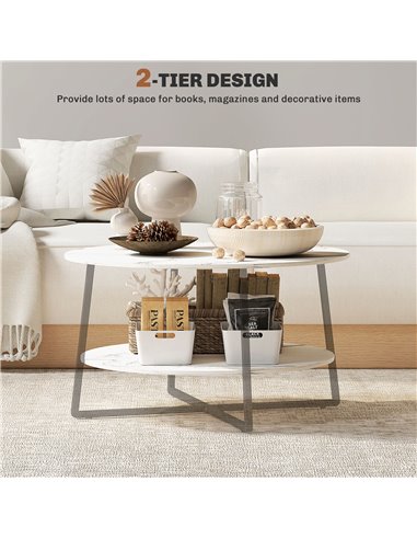 HOMCOM 2-Tier Round Coffee Table with Storage Shelf, Living Room Table with Marble Effect Top and Steel Frame, White 83B-122V00W