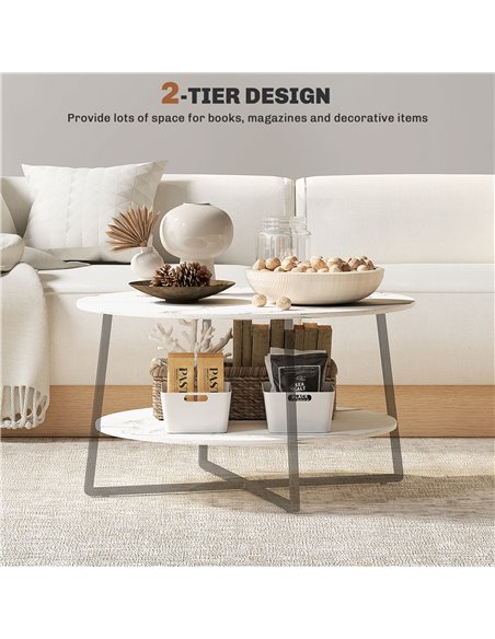 HOMCOM 2-Tier Round Coffee Table with Storage Shelf, Living Room Table with Marble Effect Top and Steel Frame, White 83B-122V00W - pic 99806 | FastDaddyshop