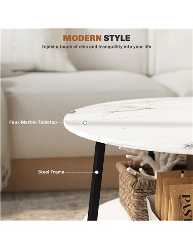 HOMCOM 2-Tier Round Coffee Table with Storage Shelf, Living Room Table with Marble Effect Top and Steel Frame, White 83B-122V00W