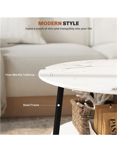 HOMCOM 2-Tier Round Coffee Table with Storage Shelf, Living Room Table with Marble Effect Top and Steel Frame, White 83B-122V00W - pic 99807 | FastDaddyshop